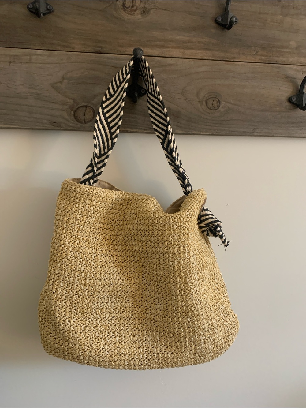 SHEIN Natural Straw Tote with Black & White Striped Handles